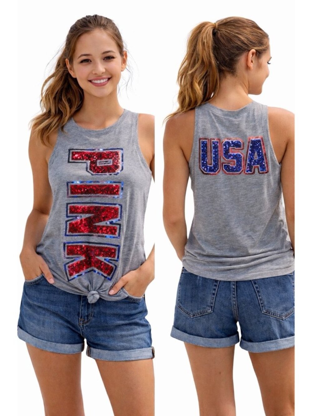 PINK Victoria Secret USA Sequin Muscle Tank Top Patriotic Sleeveless 4th July M